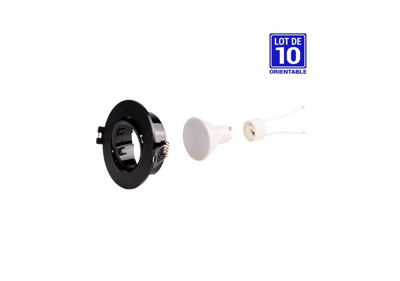 KIT x 10-Collerette downlight orientable noire diamètre 90mm + Ampoule GU10 5W + Douille GU10 - K981-R-N-BF-10 - Barcelona LED