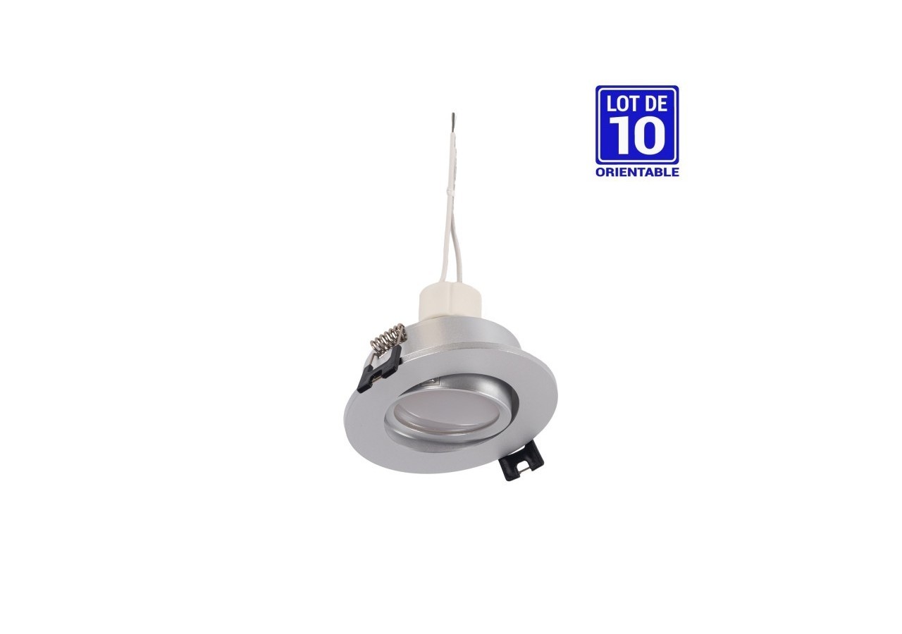 10x Collerette downlight orientable argent diamètre 90mm et Ampoule GU10 5W et Douille GU10 - K981-R-G-BN-10 - Barcelona LED