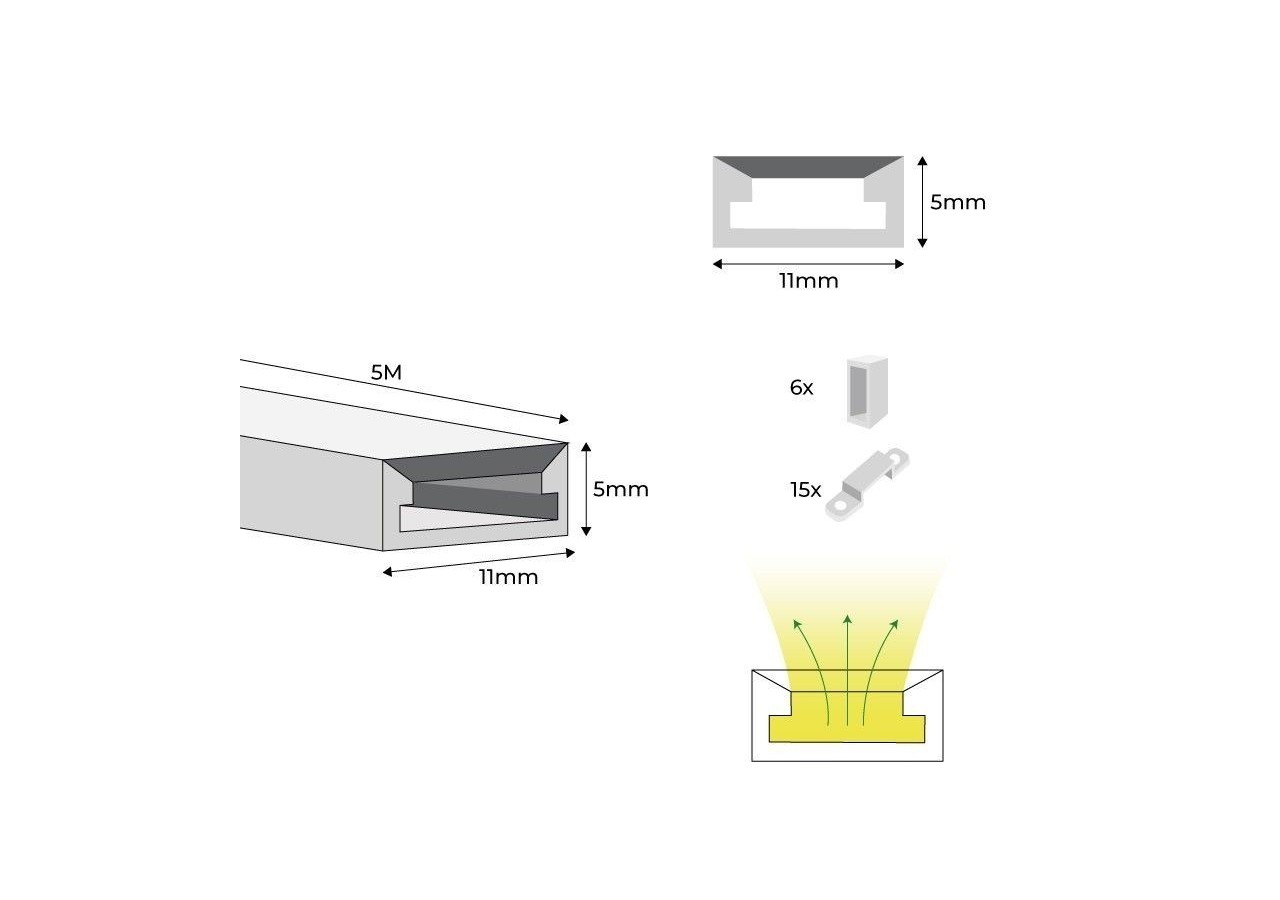 Néon LED flexible 24V DC-5x11mm-5m-Kit complet-11W/m-320 LED/m-IP67-À courbure verticale - N511-5M-270 - Barcelona LED
