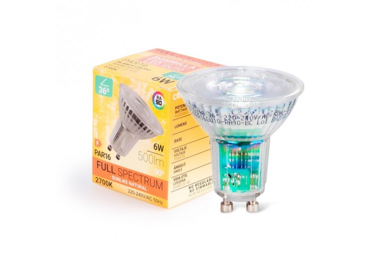 Ampoule LED GU10 6W Full Spectrum "SUNLIKE"-Verre-500lm-IRC90-PAR16-36 degrés - BSC1-PAR16GU10-RA90-BC - Barcelona LED