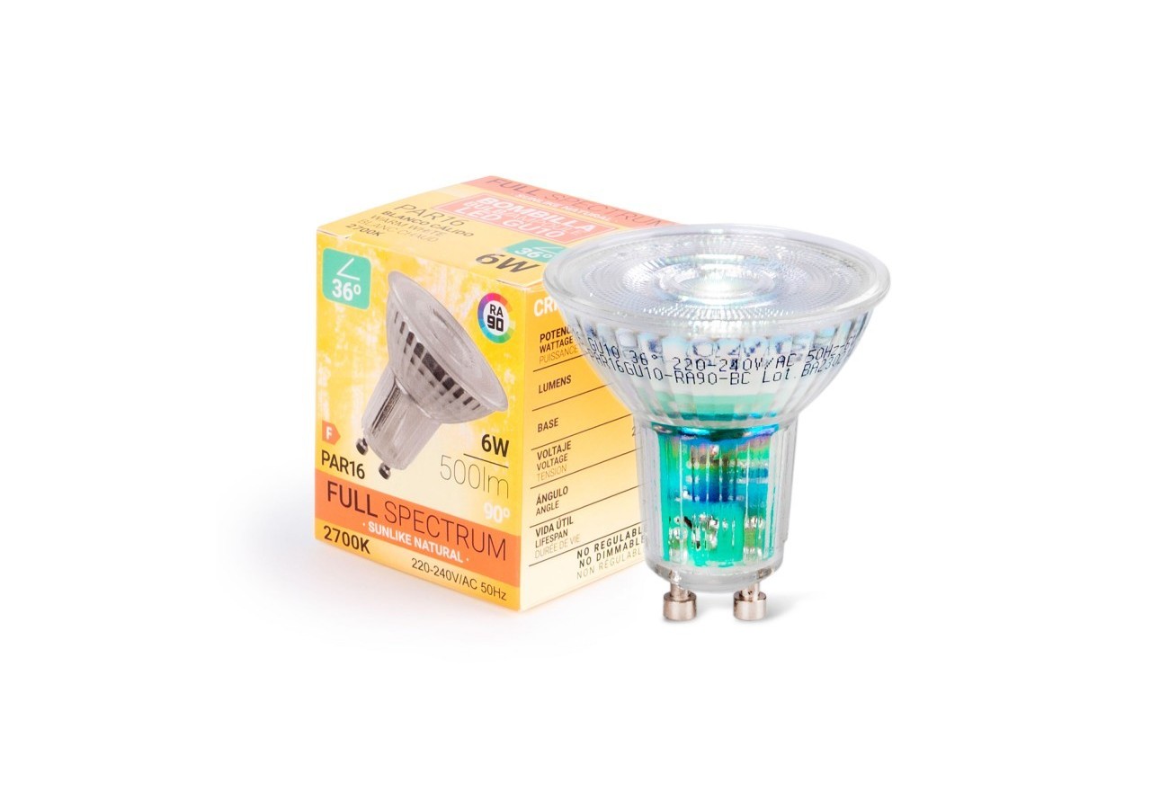 Ampoule LED GU10 6W Full Spectrum "SUNLIKE"-Verre-500lm-IRC90-PAR16-36 degrés - BSC1-PAR16GU10-RA90-BC - Barcelona LED