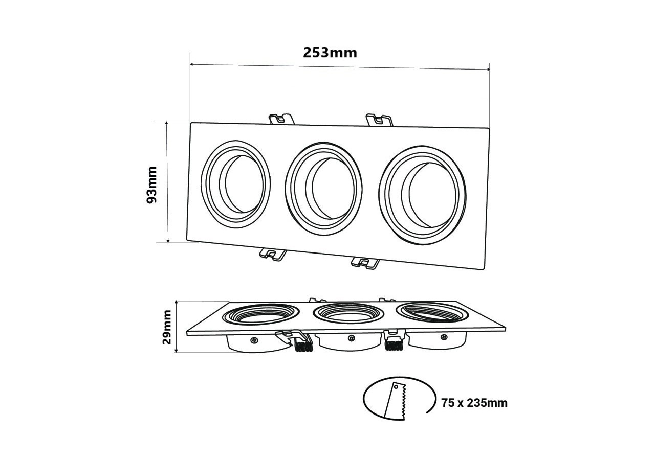 Collerette downlight carrée triple orientable GU10 / MR16-Faible indice UGR-Coupe 75 x 235 mm - B923-GB - Barcelona LED