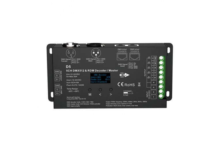 Décodeur DMX512 12-24V DC-6A/canal-5 canaux-Ecran OLED - SK-D5 - Barcelona LED