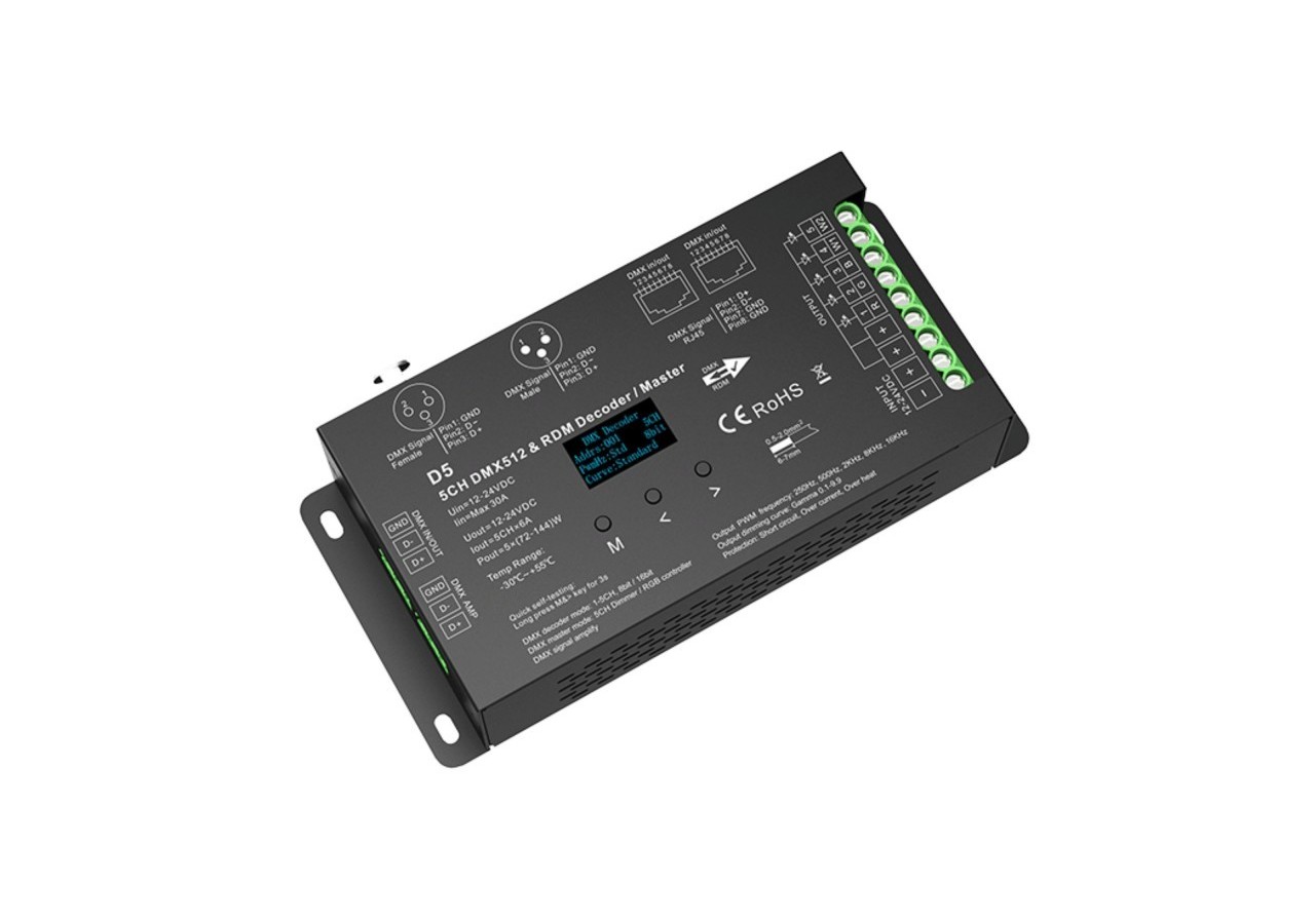 Décodeur DMX512 12-24V DC-6A/canal-5 canaux-Ecran OLED - SK-D5 - Barcelona LED