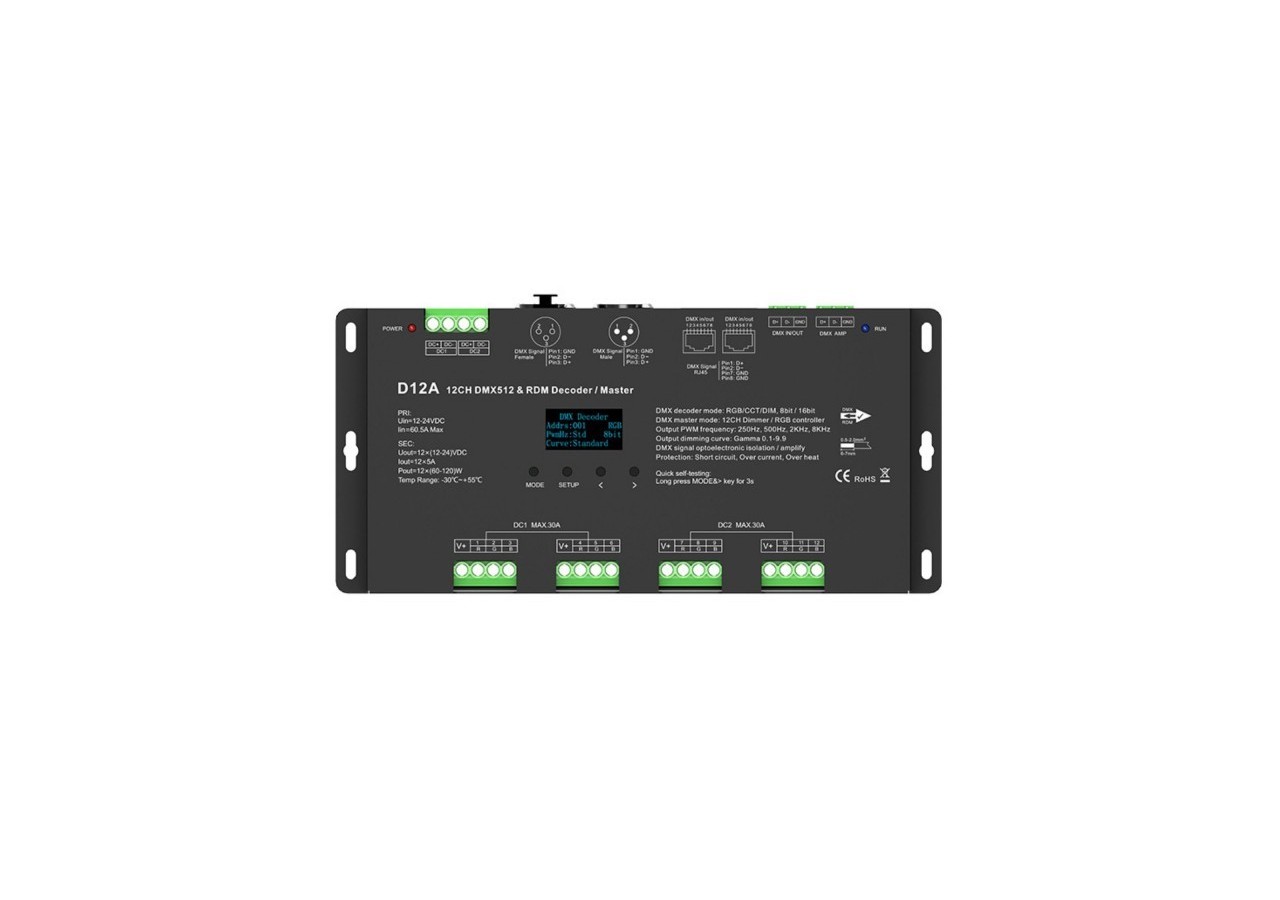 Décodeur DMX512 12-24V DC-5A/canal-12 canaux-Écran OLED - SK-D12A - Barcelona LED