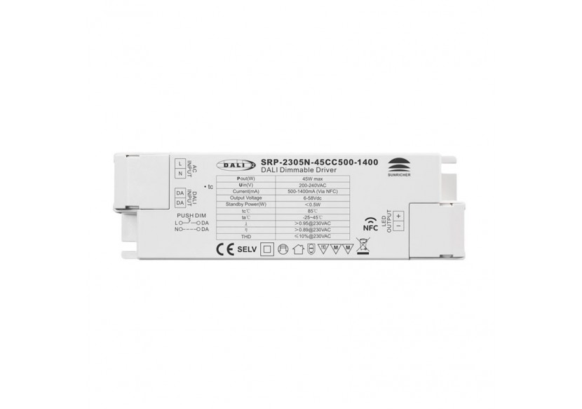 Driver DALI DT6 monochrome dimmable 220-240V-Sortie 6-58V DC-500-1400mA-45W - SRP-2305N-45CC500-1400 - Barcelona LED Driver DALI DT6 monochrome dimmable 220-240V-Sortie 6-58V DC-500-1400mA-45W - SRP-2305N-45CC500-1400 - Barcelona LED