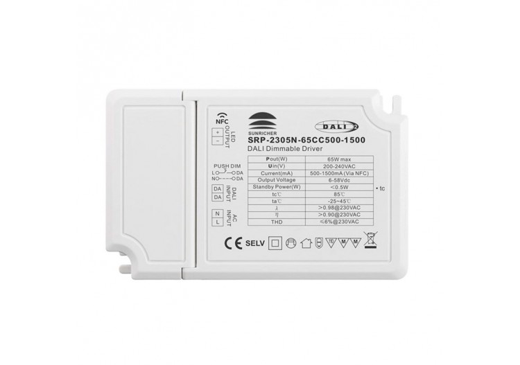 Driver DALI DT6 monochrome dimmable 220-240V-Sortie 6-58V DC-500-1500mA-65W - SRP-2305N-65CC500-1500 - Barcelona LED