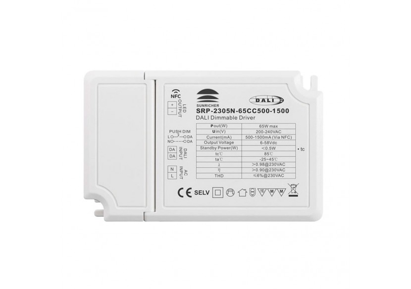 Driver DALI DT6 monochrome dimmable 220-240V-Sortie 6-58V DC-500-1500mA-65W - SRP-2305N-65CC500-1500 - Barcelona LED Driver DALI DT6 monochrome dimmable 220-240V-Sortie 6-58V DC-500-1500mA-65W - SRP-2305N-65CC500-1500 - Barcelona LED