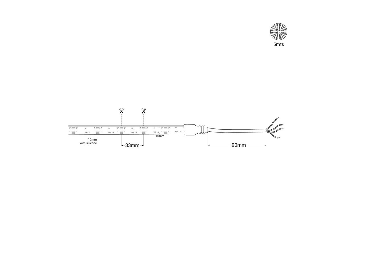 Ruban LED COB 24V DC-RGB-12W/m-12mm-IP67-Rouleau de 5m-Sécable tous les 33mm - BLSCOB-24V12W-IP67-RGB - Barcelona LED