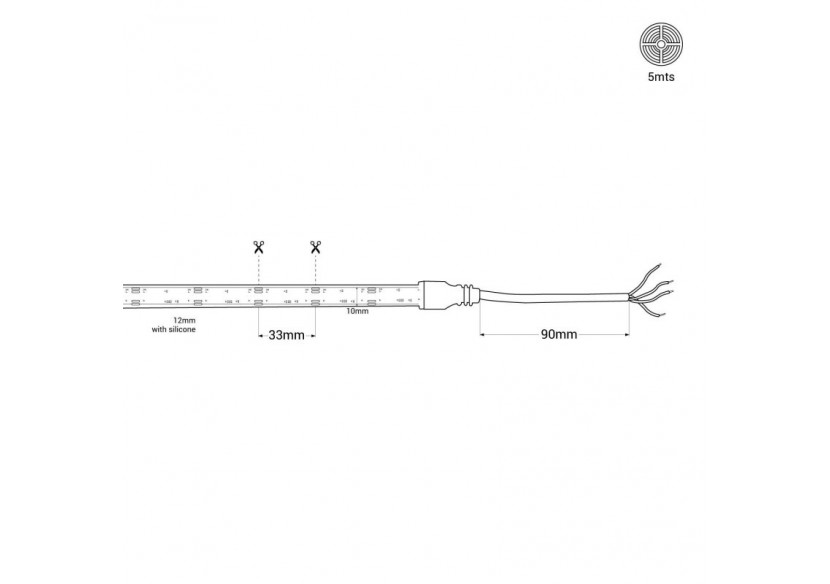 Ruban LED COB 24V DC-RGB-12W/m-12mm-IP67-Rouleau de 5m-Sécable tous les 33mm - BLSCOB-24V12W-IP67-RGB - Barcelona LED