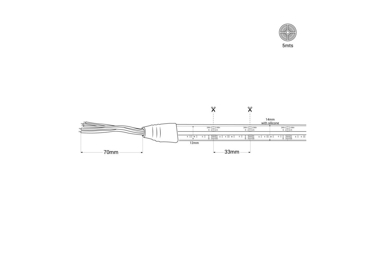 Ruban LED COB 24V DC-RGB / RGBWW-19W/m-14mm-IP67-Rouleau de 5m-Sécable tous les 33mm - BLSCOB-24V19W-IP67-RGBWW - Barcelona LED