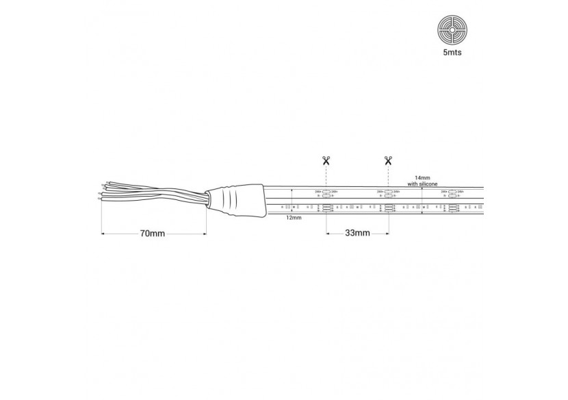 Ruban LED COB 24V DC-RGB / RGBWW-19W/m-14mm-IP67-Rouleau de 5m-Sécable tous les 33mm - BLSCOB-24V19W-IP67-RGBWW - Barcelona LED
