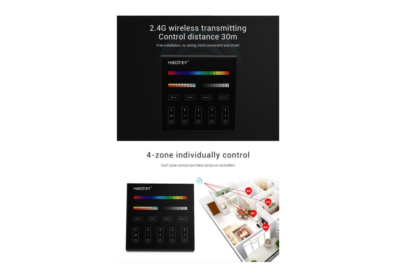 Télécommande murale RGB + CTT-4 zones-Noir-Mi-Light - B4B-RGBCCT - Barcelona LED