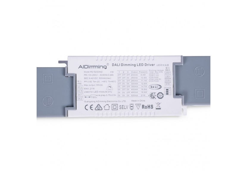 Driver LED dimmable par DALI , PUSH, 1/0-10V-Courant multiple (200-500mA) - PE-N20DA42 - Barcelona LED Driver LED dimmable par DALI , PUSH, 1/0-10V-Courant multiple (200-500mA) - PE-N20DA42 - Barcelona LED