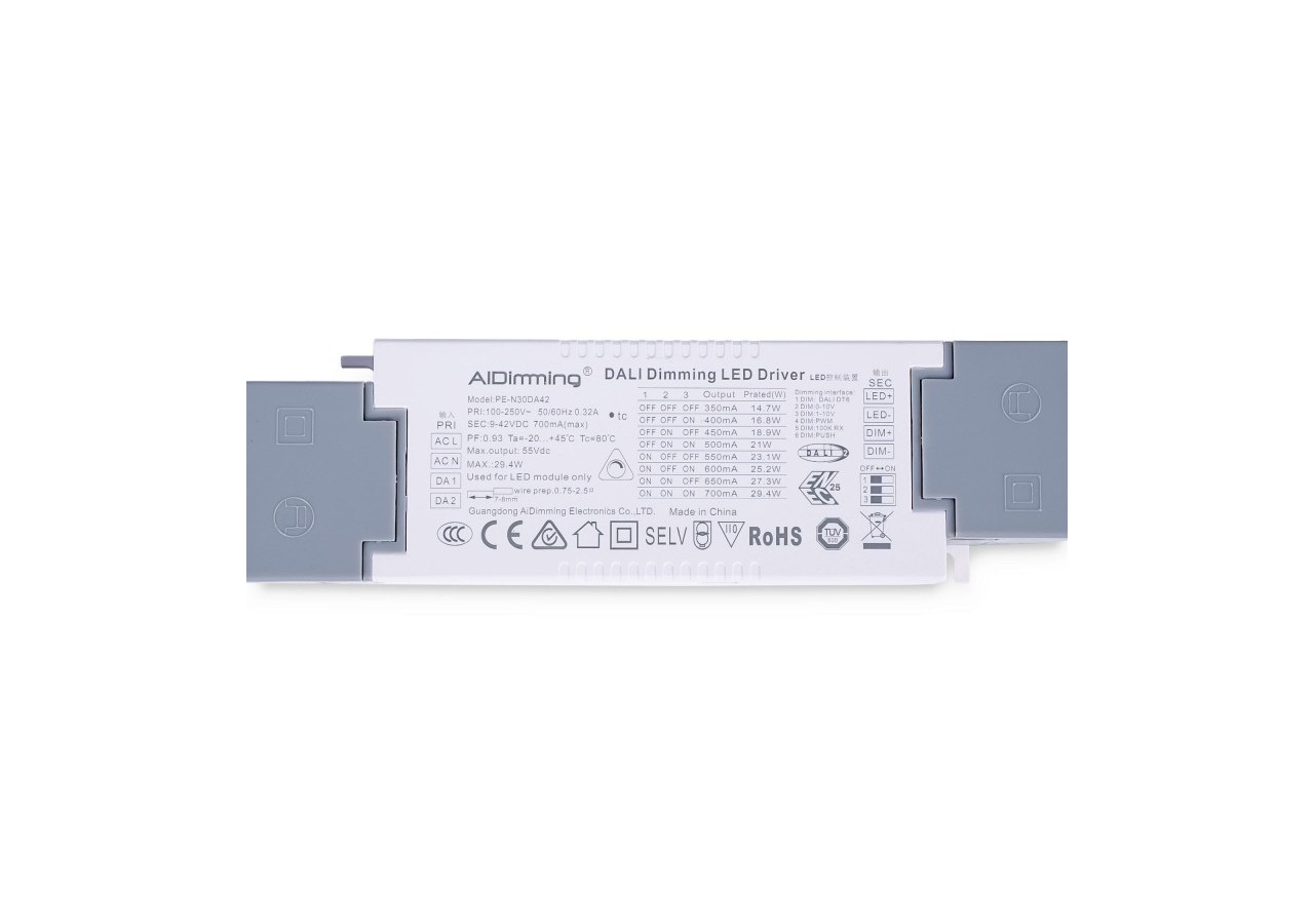 Driver LED dimmable par DALI , PUSH, 1/0-10V-Courant multiple (350-700mA) - PE-N30DA42 - Barcelona LED