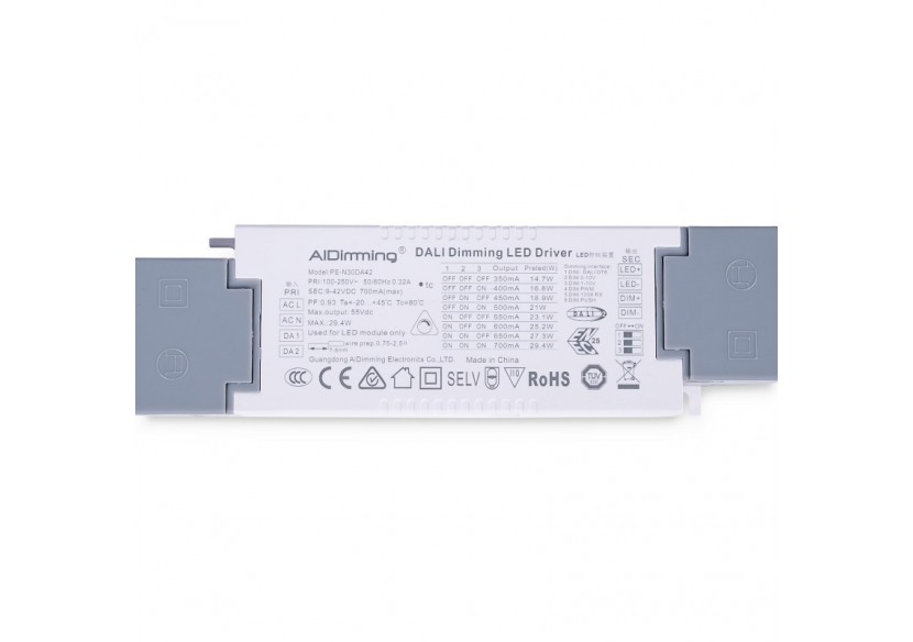 Driver LED dimmable par DALI , PUSH, 1/0-10V-Courant multiple (350-700mA) - PE-N30DA42 - Barcelona LED Driver LED dimmable par DALI , PUSH, 1/0-10V-Courant multiple (350-700mA) - PE-N30DA42 - Barcelona LED