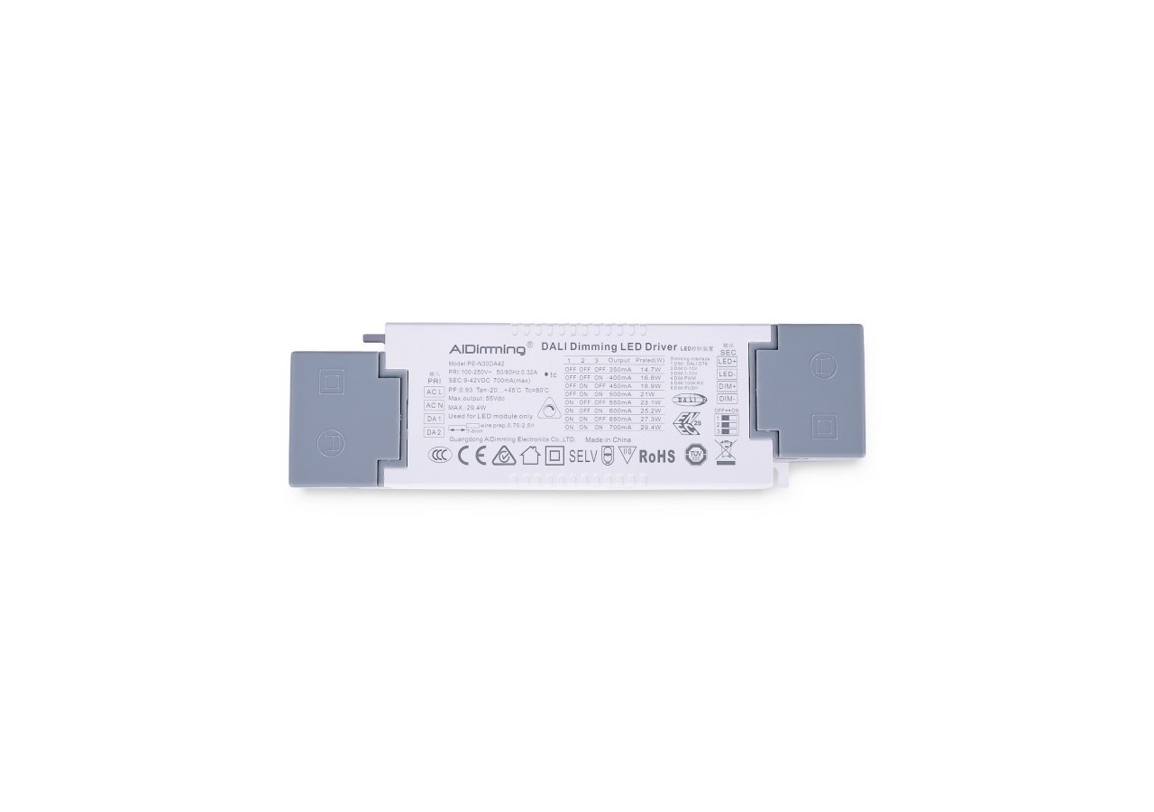 Driver LED dimmable par DALI , PUSH, 1/0-10V-Courant multiple (350-700mA) - PE-N30DA42 - Barcelona LED