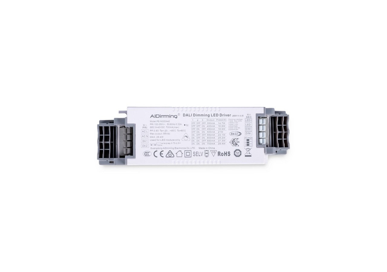 Driver LED dimmable par DALI , PUSH, 1/0-10V-Courant multiple (350-700mA) - PE-N30DA42 - Barcelona LED