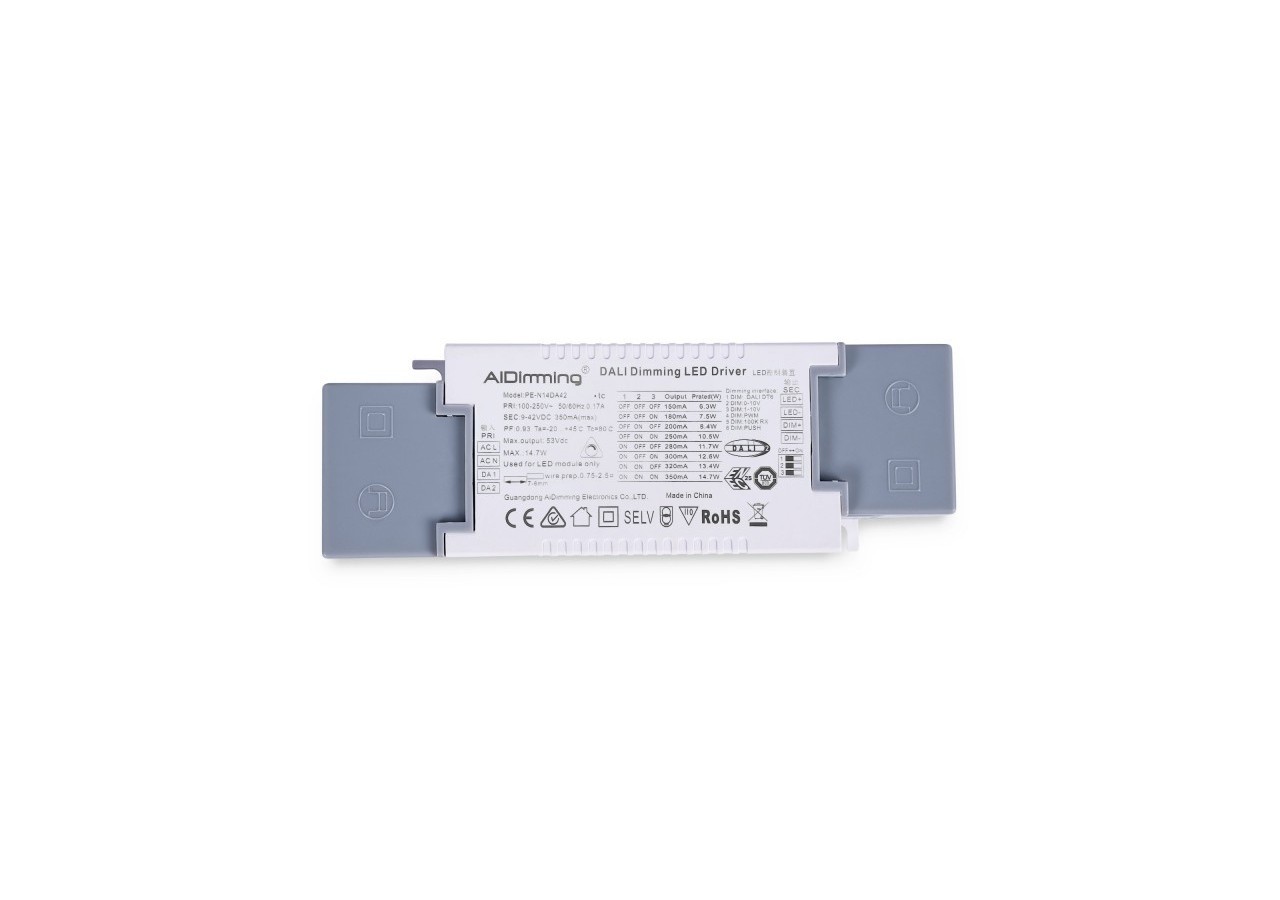 Driver LED dimmable par DALI , PUSH, 1/0-10V-Courant multiple (150-350mA) - PE-N14DA42 - Barcelona LED