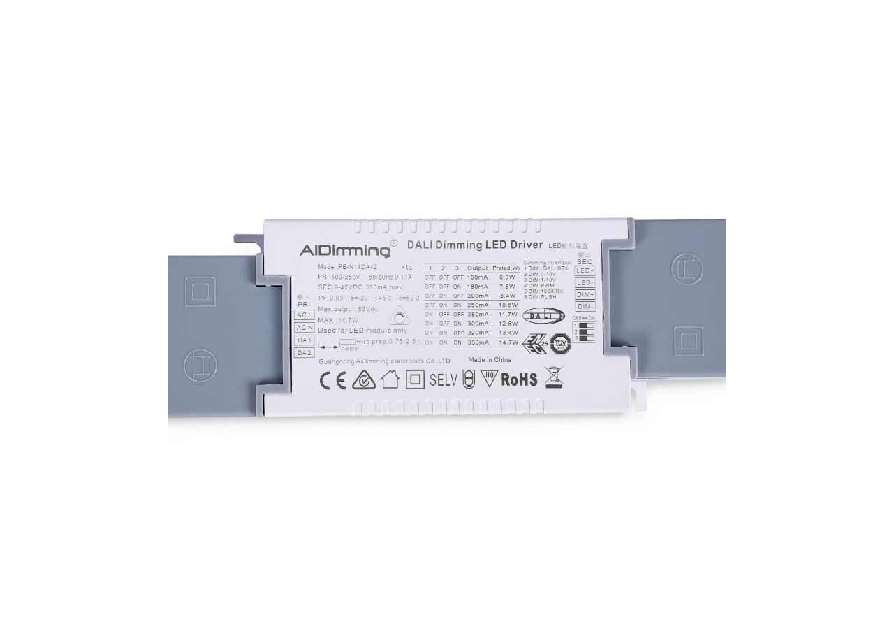 Driver LED dimmable par DALI , PUSH, 1/0-10V-Courant multiple (150-350mA) - PE-N14DA42 - Barcelona LED