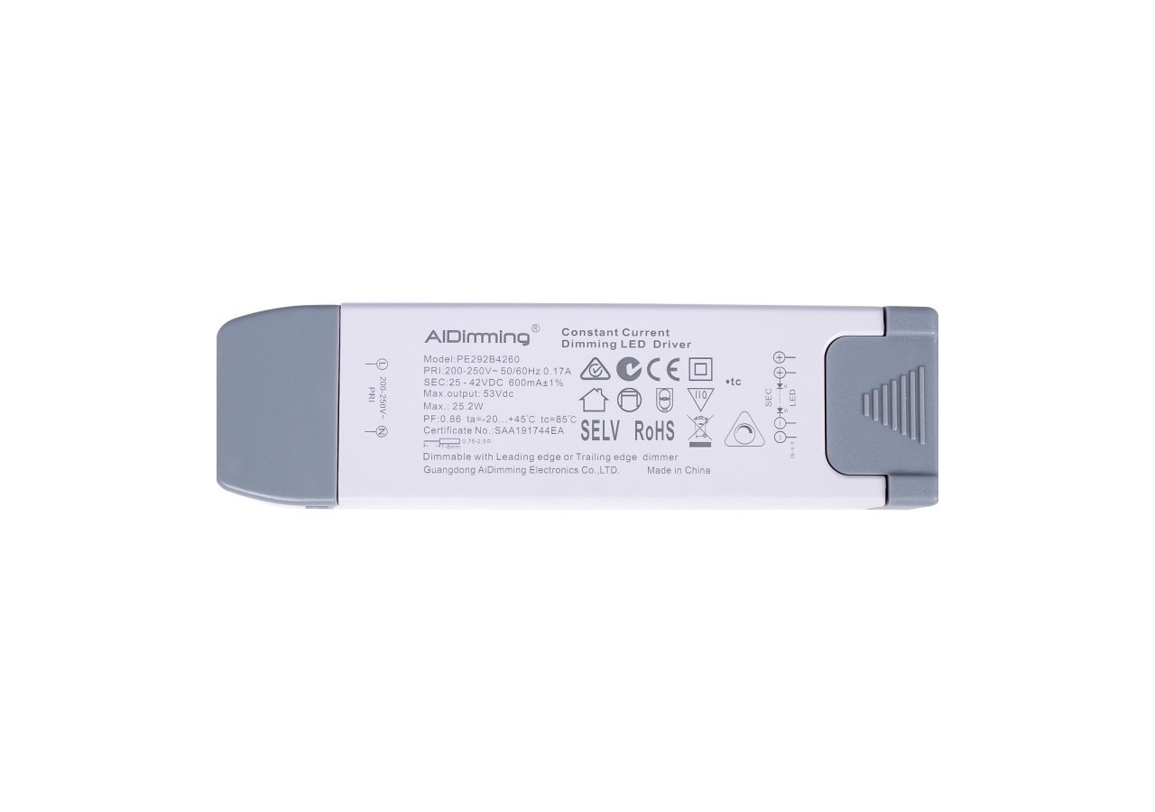 Driver LED dimmable TRIAC 25-42V DC-600mA-25,2W - PE292B4260 - Barcelona LED