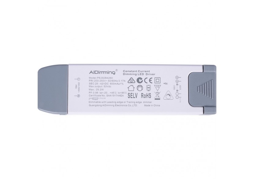 Driver LED dimmable TRIAC 25-42V DC-600mA-25,2W - PE292B4260 - Barcelona LED Driver LED dimmable TRIAC 25-42V DC-600mA-25,2W - PE292B4260 - Barcelona LED