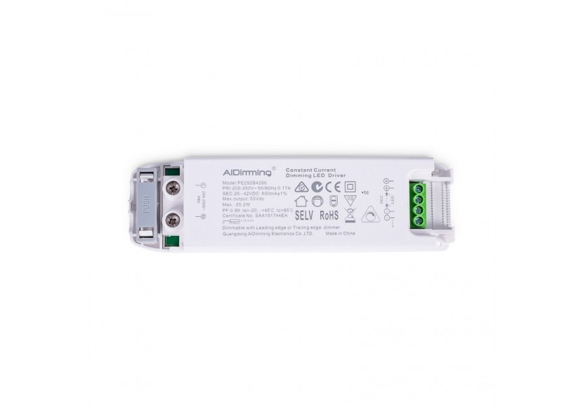 Driver LED dimmable TRIAC 25-42V DC-600mA-25,2W - PE292B4260 - Barcelona LED Driver LED dimmable TRIAC 25-42V DC-600mA-25,2W - PE292B4260 - Barcelona LED