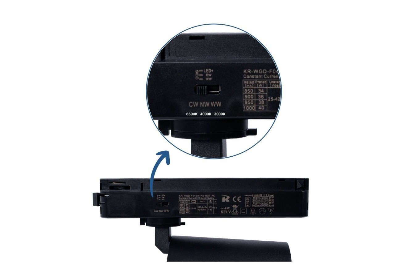 Projecteur LED sur rail monophasé CCT-40W-IRC 90-Noir - BPM-40W-CCT-N - Barcelona LED