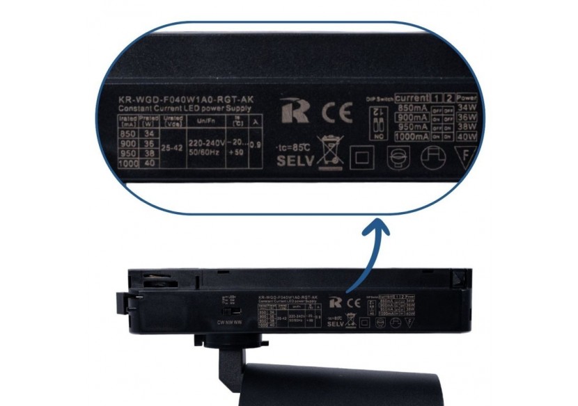 Projecteur LED sur rail monophasé CCT-40W-IRC 90-Noir - BPM-40W-CCT-N - Barcelona LED