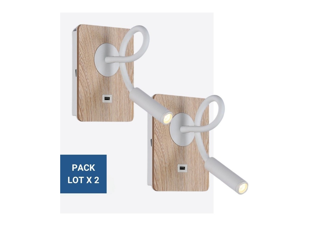 Lot de 2-Applique liseuse flexible avec port USB "LONDON USB"-Puce CREE-3W-Blanc - K1511-USB-2B - Barcelona LED