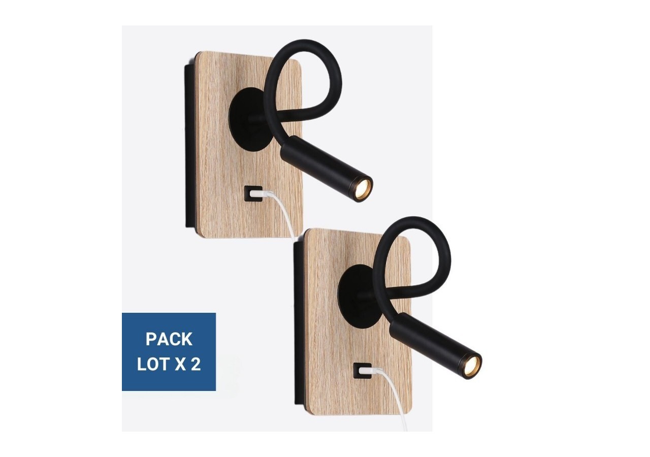 Lot de 2-Applique liseuse flexible avec port USB "LONDON USB"-Puce CREE-3W-Noir - K1511-USB-2N - Barcelona LED
