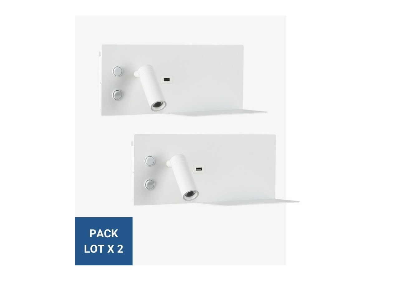 Lot de 2-Applique liseuse avec port USB "Kerta"-Double éclairage-3W+7W-Blanc - K1512-USB-2B - Barcelona LED