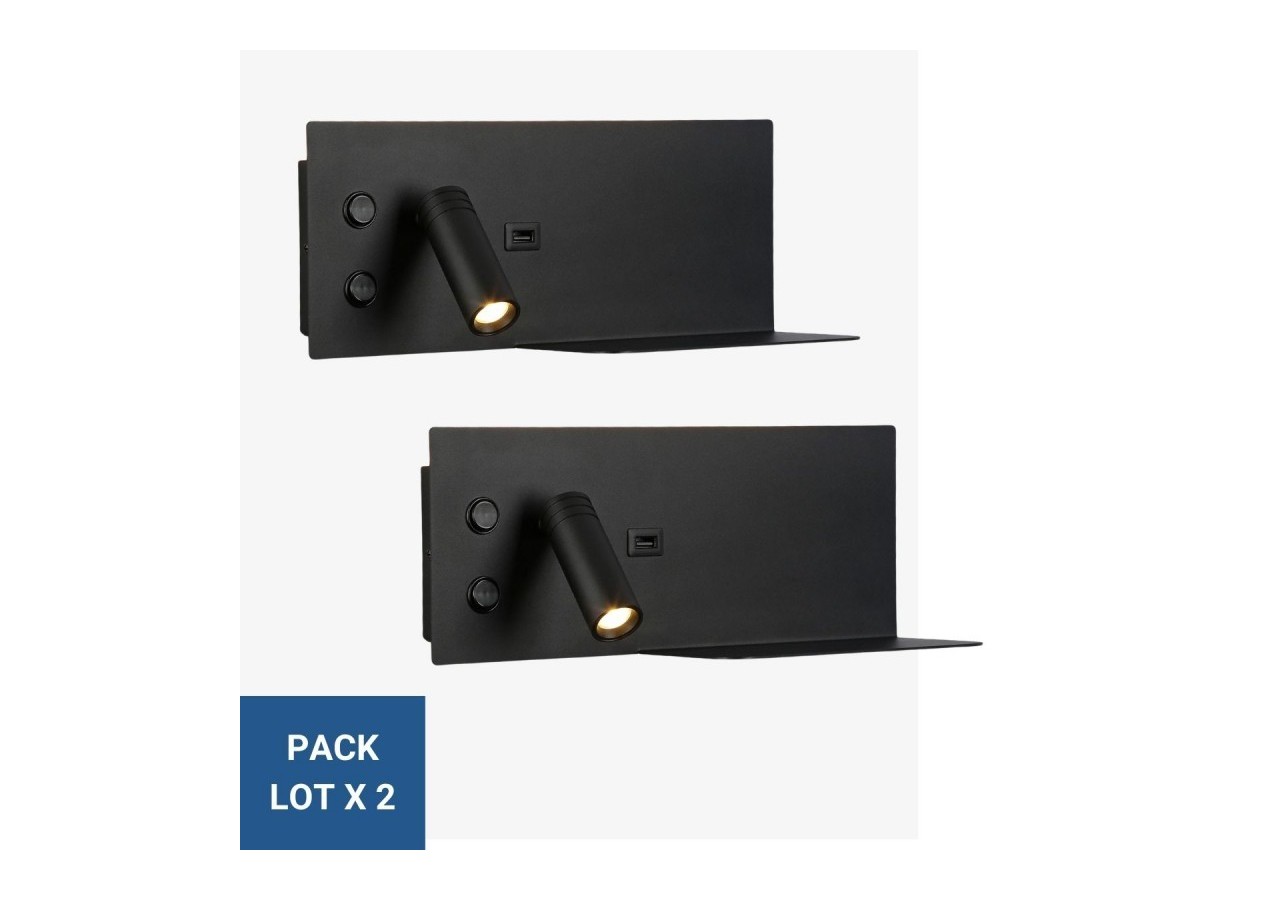 Lot de 2-Applique liseuse avec port USB "Kerta"-Double éclairage-3W+7W-Noir - K1512-USB-2N - Barcelona LED