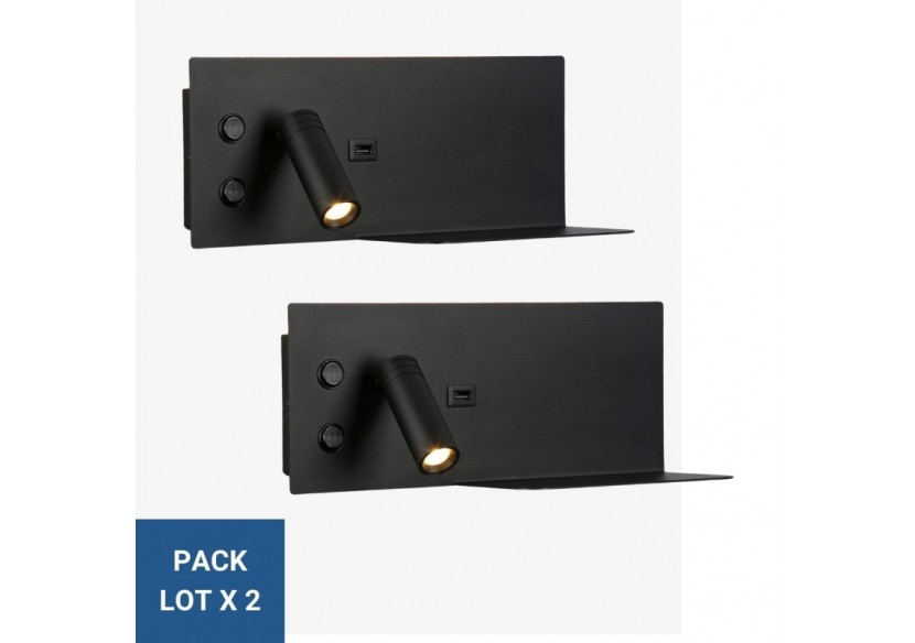 Lot de 2-Applique liseuse avec port USB "Kerta"-Double éclairage-3W+7W-Noir - K1512-USB-2N - Barcelona LED