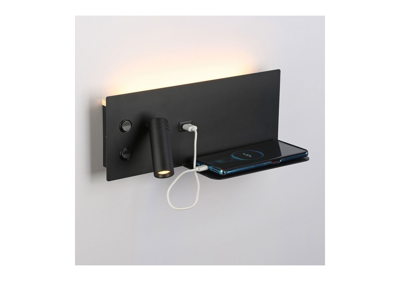 Lot de 2-Applique liseuse avec port USB "Kerta"-Double éclairage-3W+7W-Noir - K1512-USB-2N - Barcelona LED