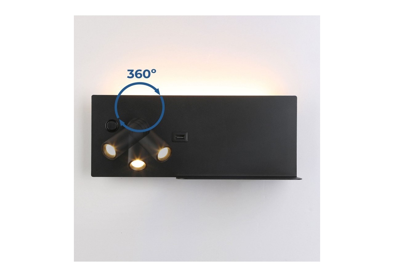 Lot de 2-Applique liseuse avec port USB "Kerta"-Double éclairage-3W+7W-Noir - K1512-USB-2N - Barcelona LED