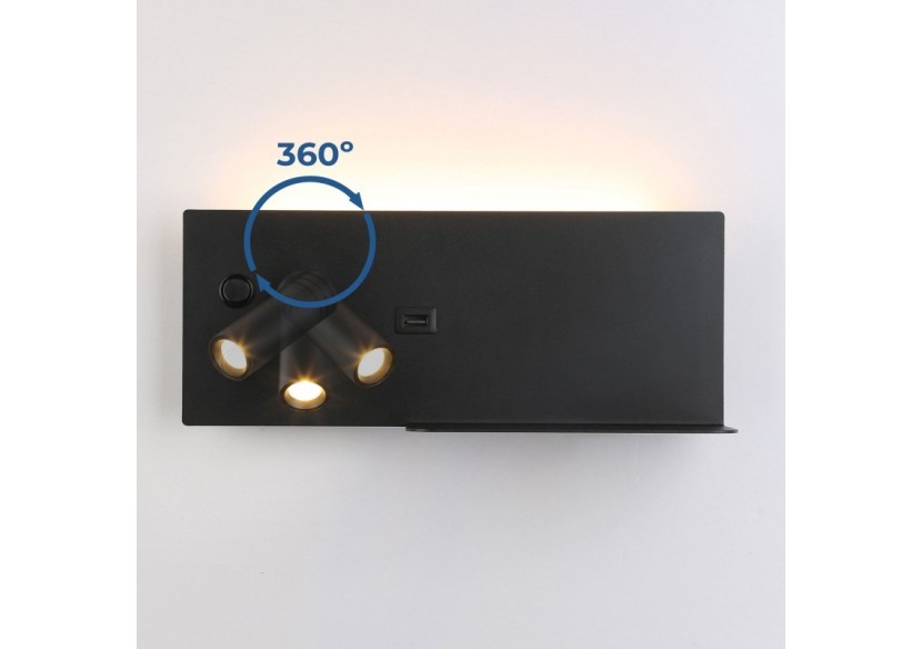 Lot de 2-Applique liseuse avec port USB "Kerta"-Double éclairage-3W+7W-Noir - K1512-USB-2N - Barcelona LED