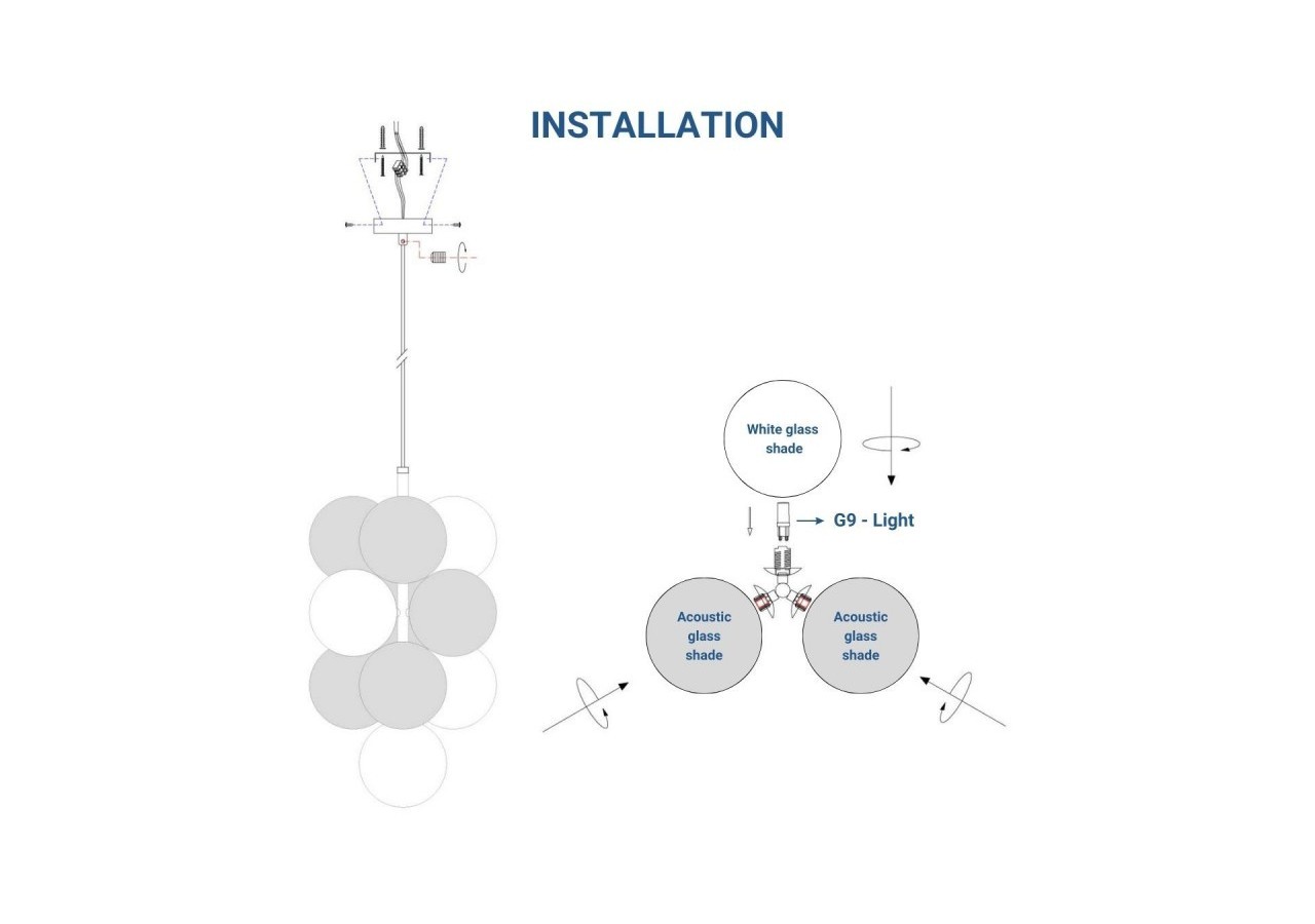 Suspension acoustique verticale "DRAC"-4 globes lumineux et 6 globes absorbants - B206-V-CB - Barcelona LED
