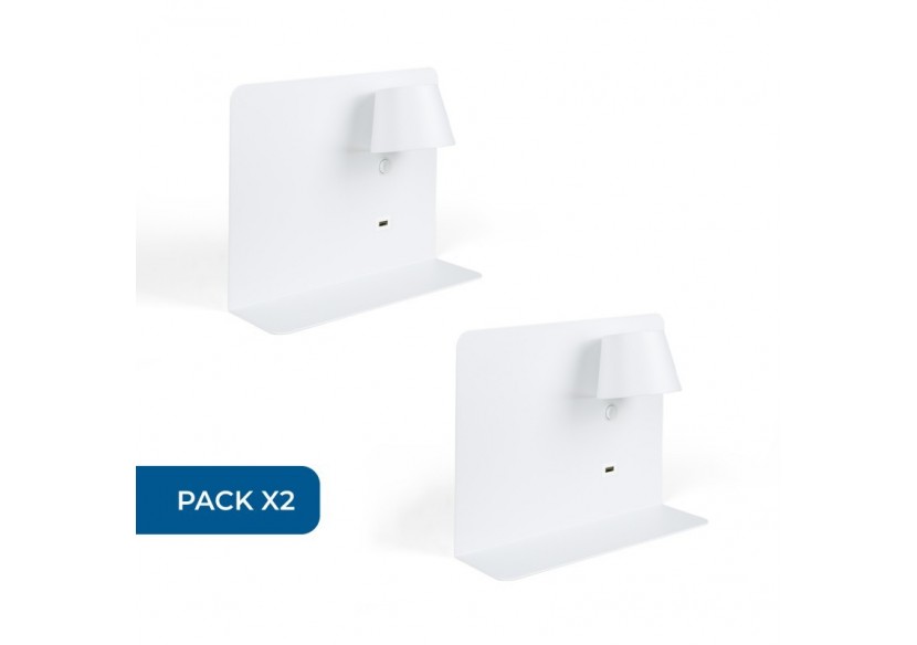 Lot de 2-Applique murale liseuse avec port USB "BASKOP"-6W-Design horizontal-Blanc - K1541-2B - Barcelona LED