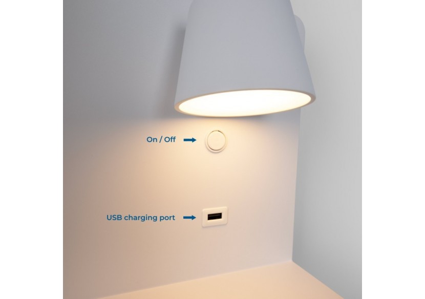 Lot de 2-Applique murale liseuse avec port USB "BASKOP"-6W-Design horizontal-Blanc - K1541-2B - Barcelona LED
