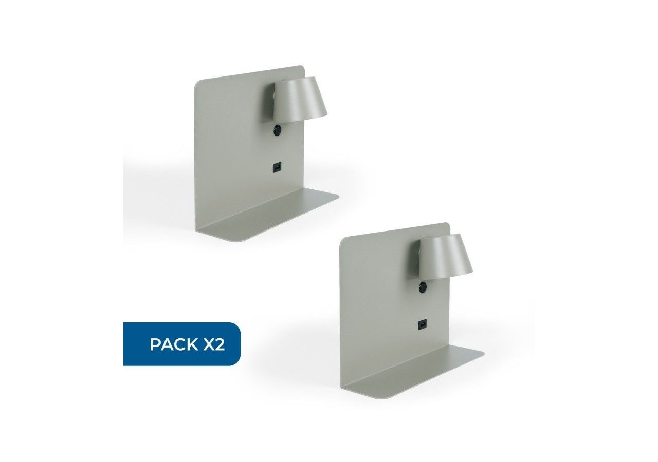 Lot de 2-Applique murale liseuse avec port USB "BASKOP"-6W-Design horizontal-Gris - K1541-2G - Barcelona LED