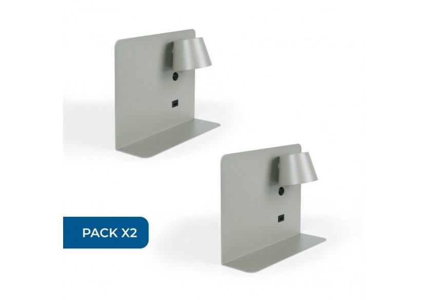 Lot de 2-Applique murale liseuse avec port USB "BASKOP"-6W-Design horizontal-Gris - K1541-2G - Barcelona LED