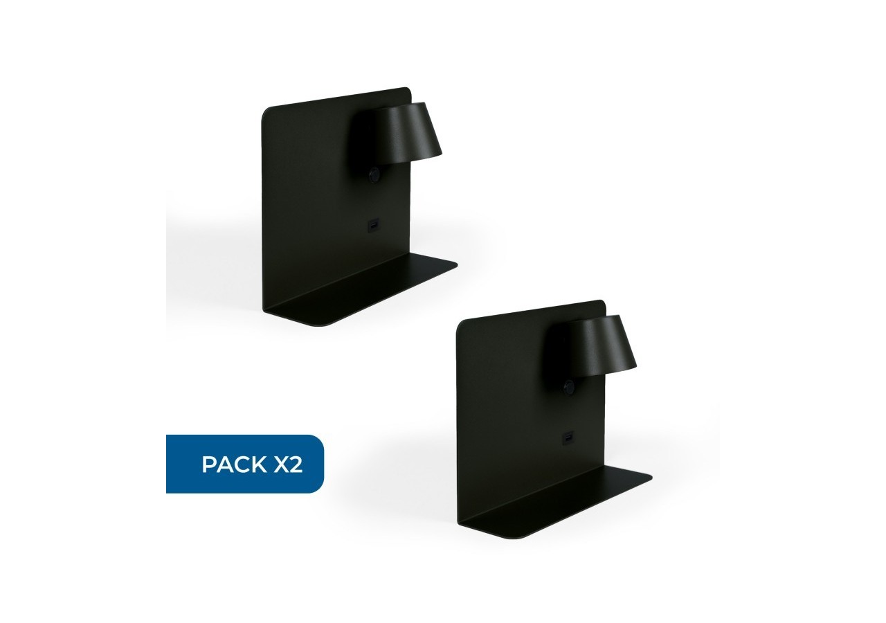 Lot de 2-Applique murale liseuse avec port USB "BASKOP"-6W-Design horizontal-Noir - K1541-2N - Barcelona LED