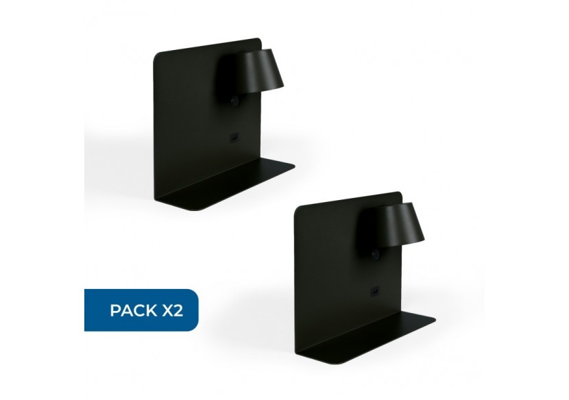 Lot de 2-Applique murale liseuse avec port USB "BASKOP"-6W-Design horizontal-Noir - K1541-2N - Barcelona LED