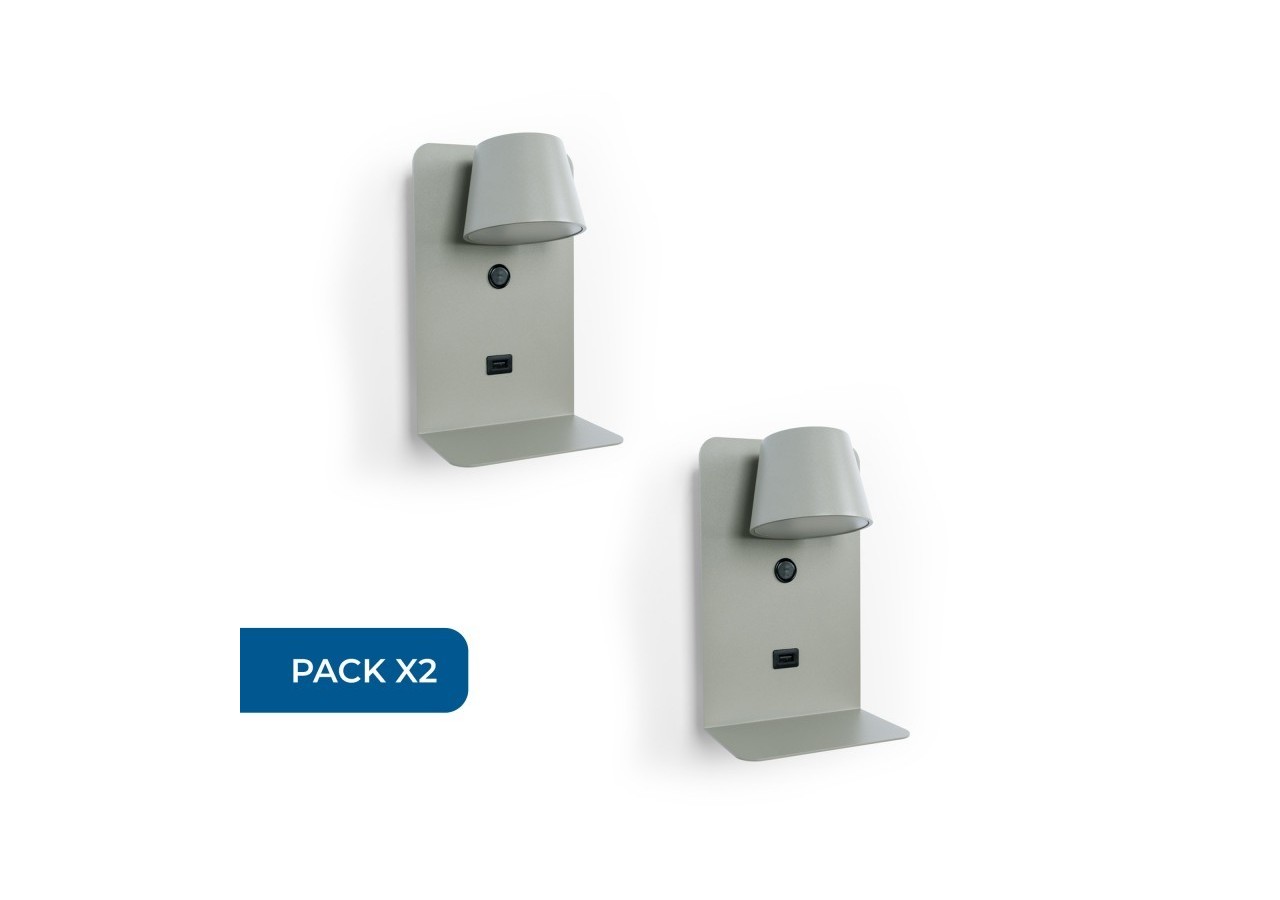 Lot de 2-Applique murale liseuse avec port USB "BASKOP"-6W-Design vertical-Gris - K1545-2G - Barcelona LED