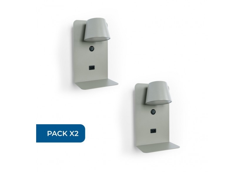 Lot de 2-Applique murale liseuse avec port USB "BASKOP"-6W-Design vertical-Gris - K1545-2G - Barcelona LED