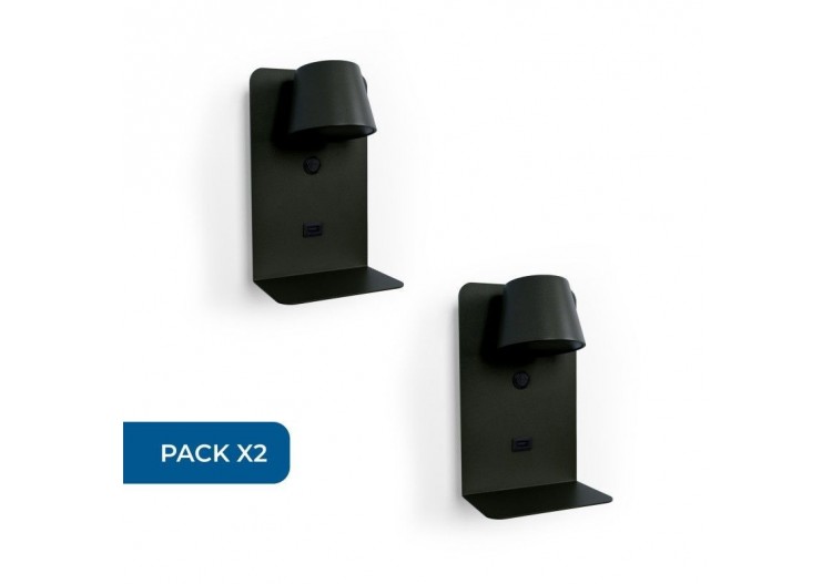 Lot de 2-Applique murale liseuse avec port USB "BASKOP"-6W-Design vertical-Noir - K1545-2N - Barcelona LED
