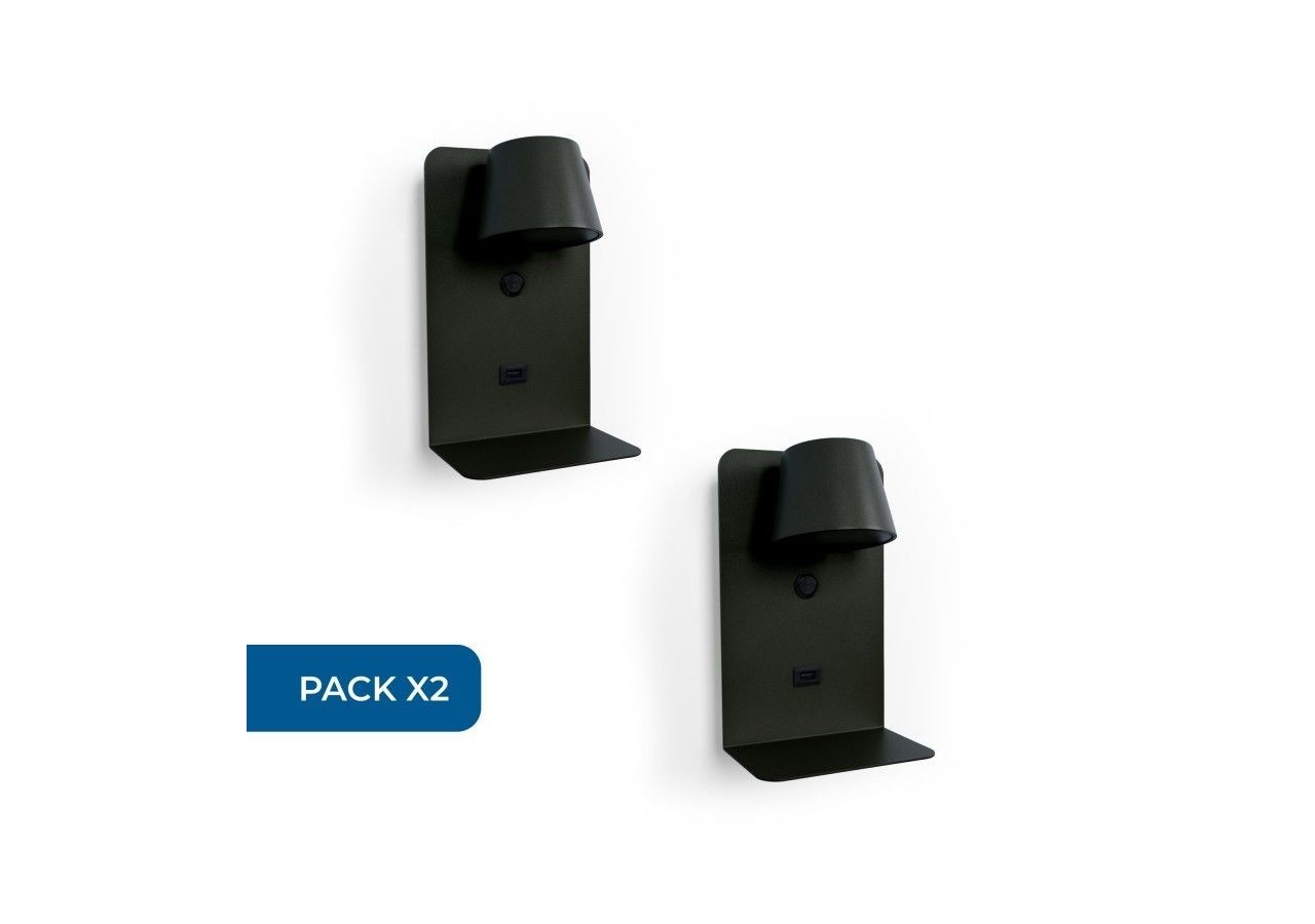 Lot de 2-Applique murale liseuse avec port USB "BASKOP"-6W-Design vertical-Noir - K1545-2N - Barcelona LED