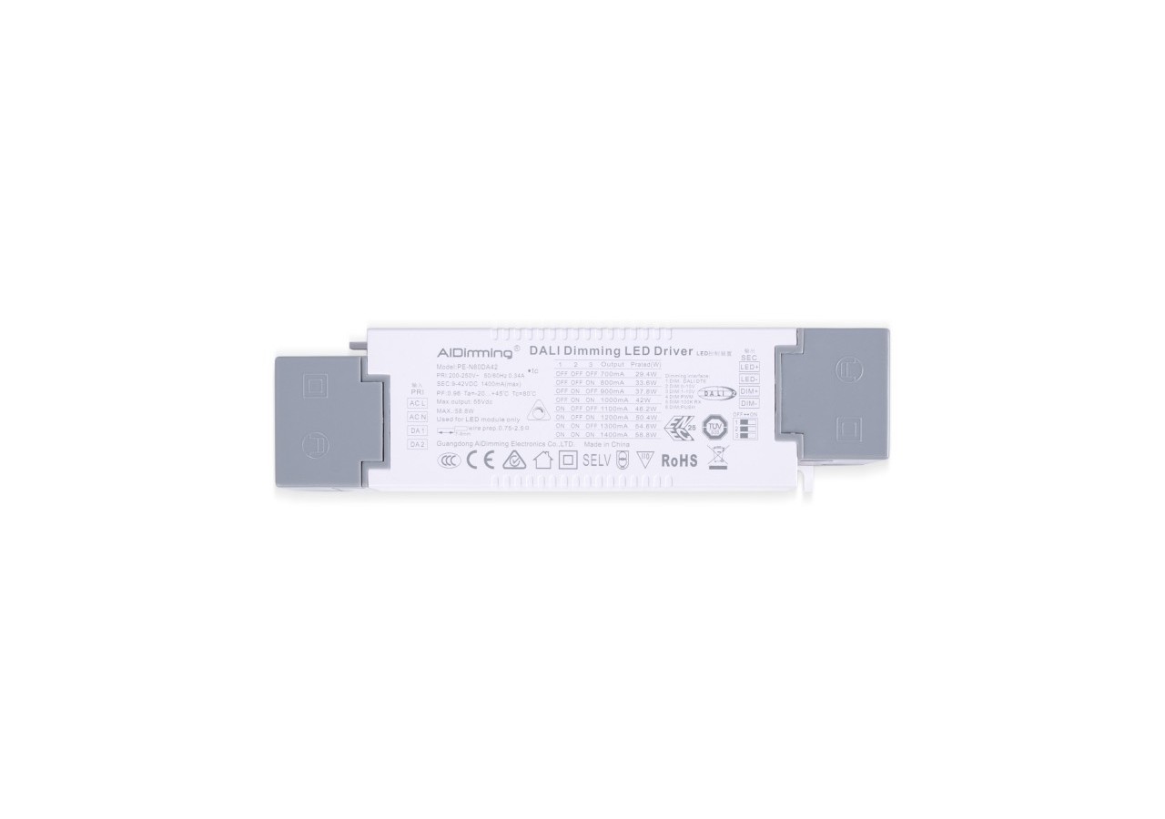 Driver dimmable par DALI + 1/0-10V + PUSH-9-42V DC-58W-Courant multiple (700-1400mA) - PE-N60DA42 - Barcelona LED