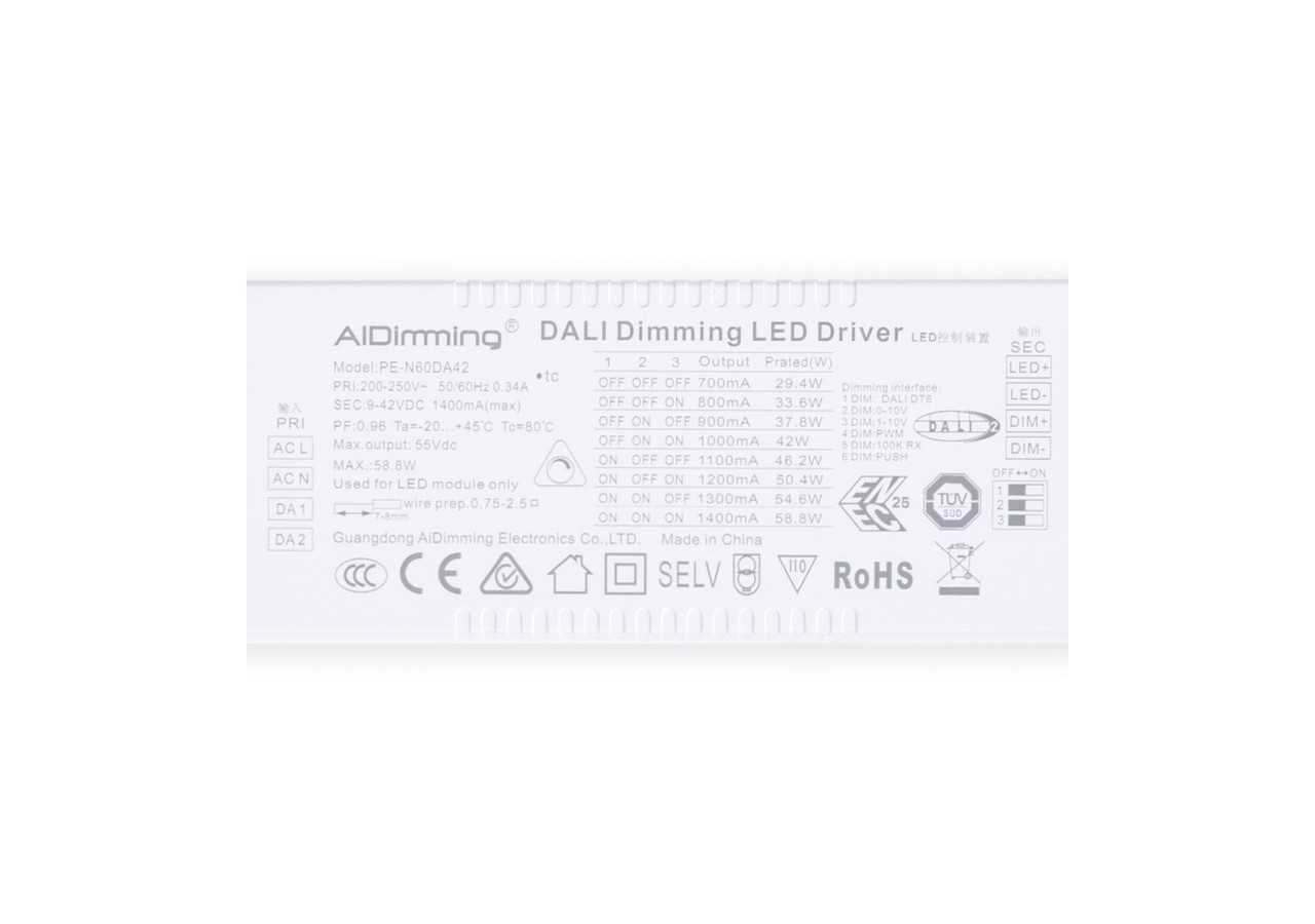 Driver dimmable par DALI + 1/0-10V + PUSH-9-42V DC-58W-Courant multiple (700-1400mA) - PE-N60DA42 - Barcelona LED